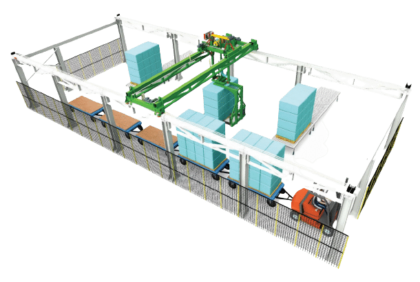 Logistique et fin de ligne pour panneaux isolants 7 Vue 3D d’un système de chargement de trains de palettes