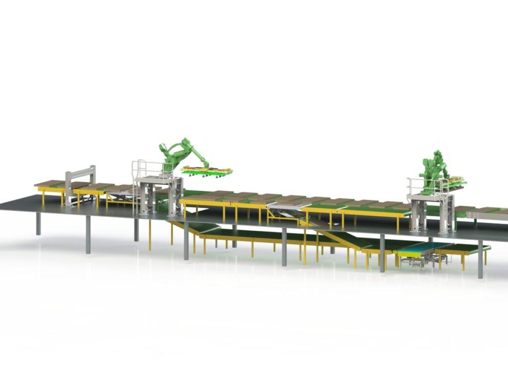 Vue 3D d’une ligne de contrôle de panneaux avec robot industriel