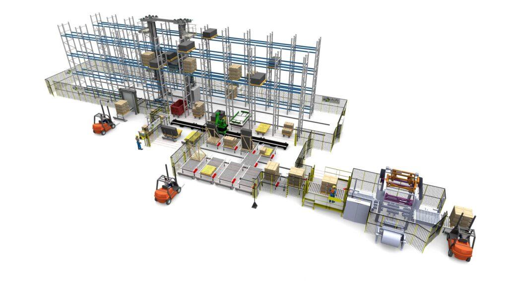 Vue 3D d’un stockage automatisé associé à une préparation de commandes