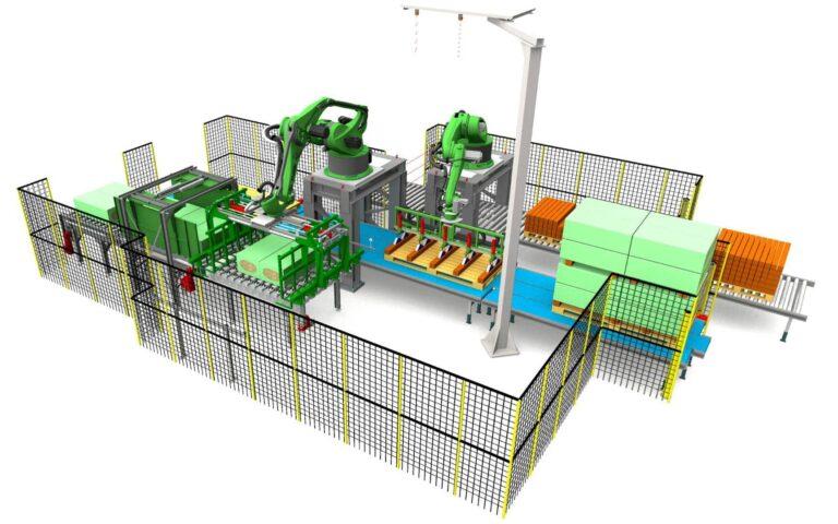 Solutions de palettisation automatisée 12 Vue 3D d’une cellule robotisée de manutention et de palettisation
