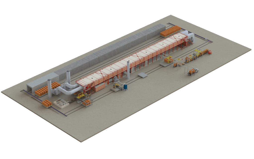 Vue 3D d’une usine et de sa ligne de production de terre cuite